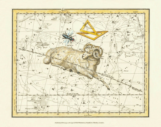 Aries, Triangula and Musca Constellations Antique Reproduction 1822